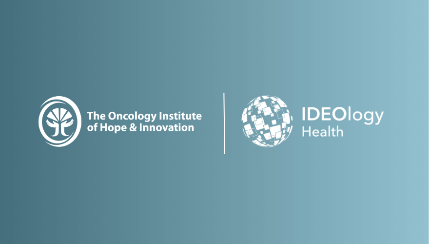 The Oncology Institute Logo with the IDEOlogy Health Logo on a blue gradient background